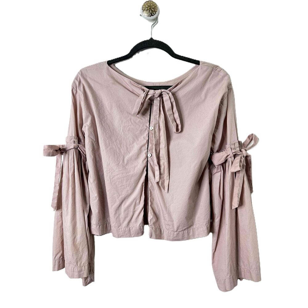Free People Blouse Womens Size Small Dusty Rose Long Tie Bell Sleeve Button Back - Picture 10 of 12
